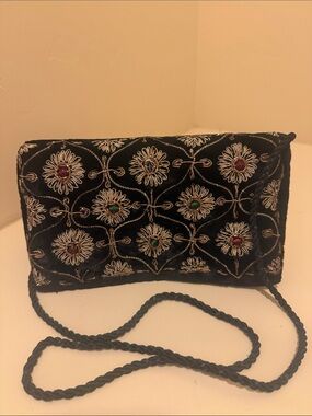 Black Embroidered Evening Crossbody Bag with Jewel Accents (Vintage)